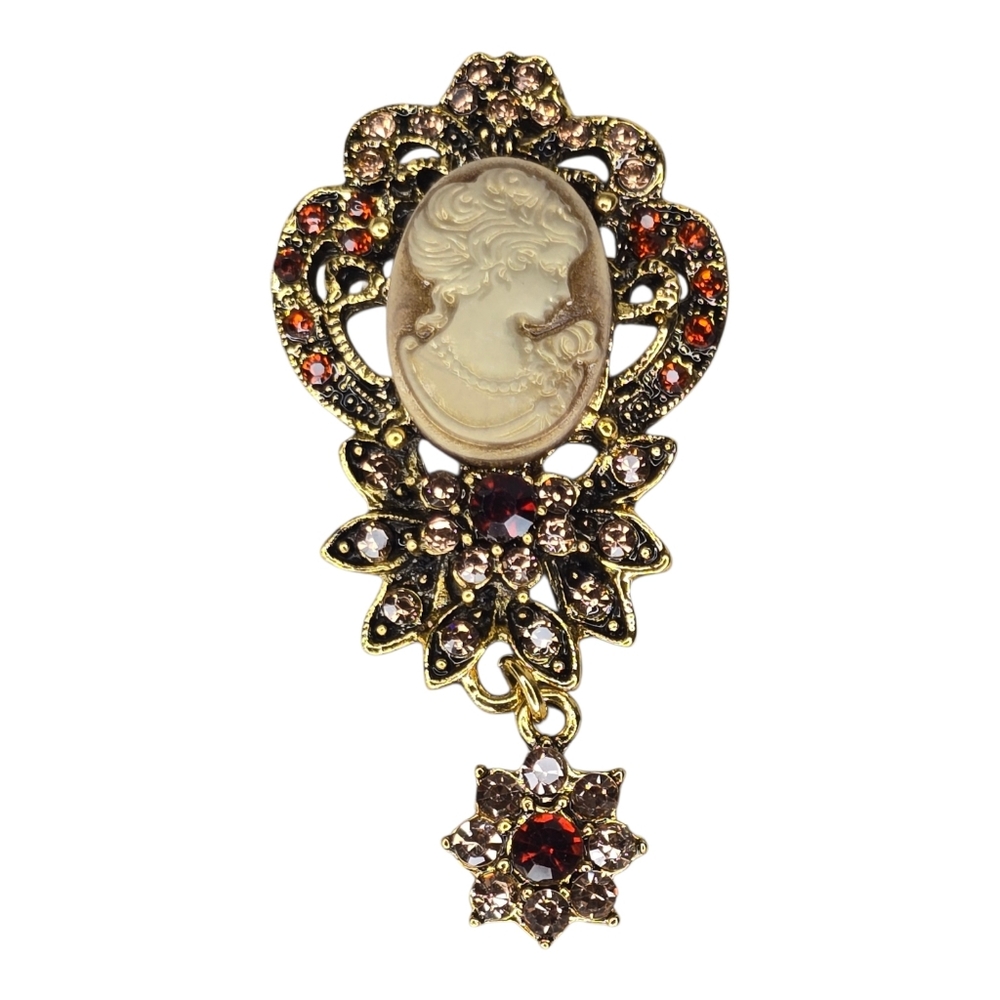 Vintage Cameo Gold Cream Rhinestone Brooch Pin Lady Profile Victorian Antique